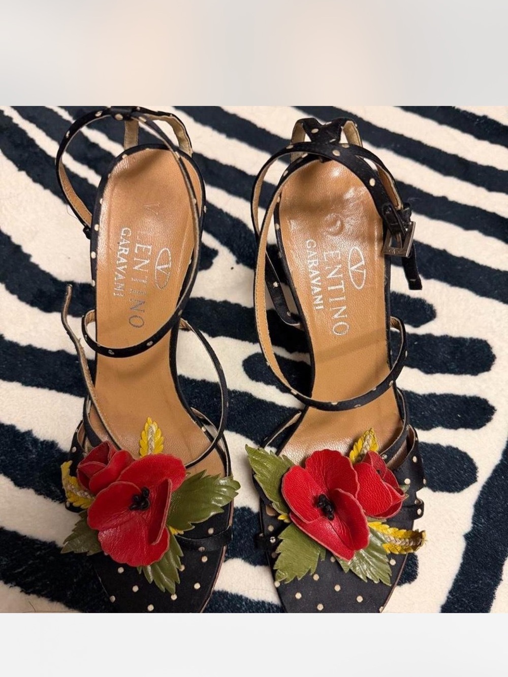 Rare Valentino Garavani Black Polka Dot Leather Heels with Red Floral Appliqués